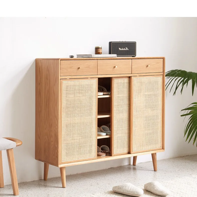 Шкаф для обуви из ротанга, простой входной шкаф для маленькой квартиры в японском стиле, цвет вишневого дерева, большая вместимость для хранения