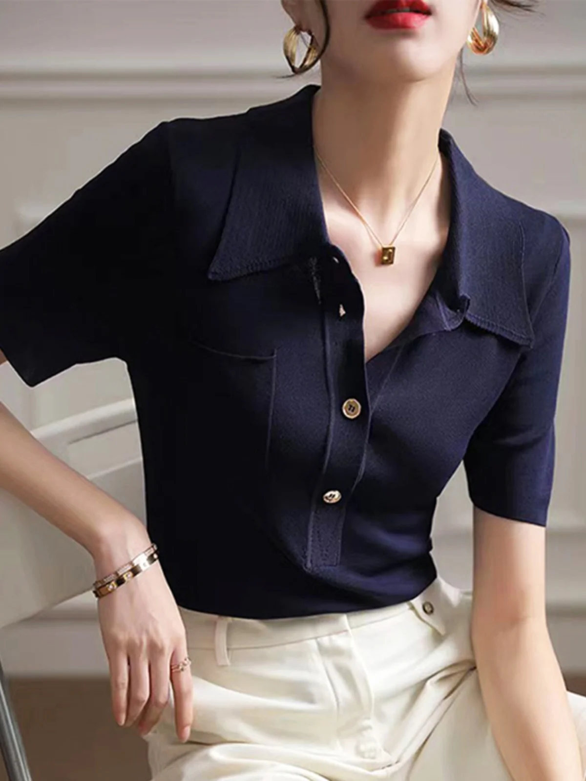 Collar Ice Silk Knitted Short Sleeve T-Shirt Women's Summer Fashion Versatile Shoulder Ice Silk Knitted Top