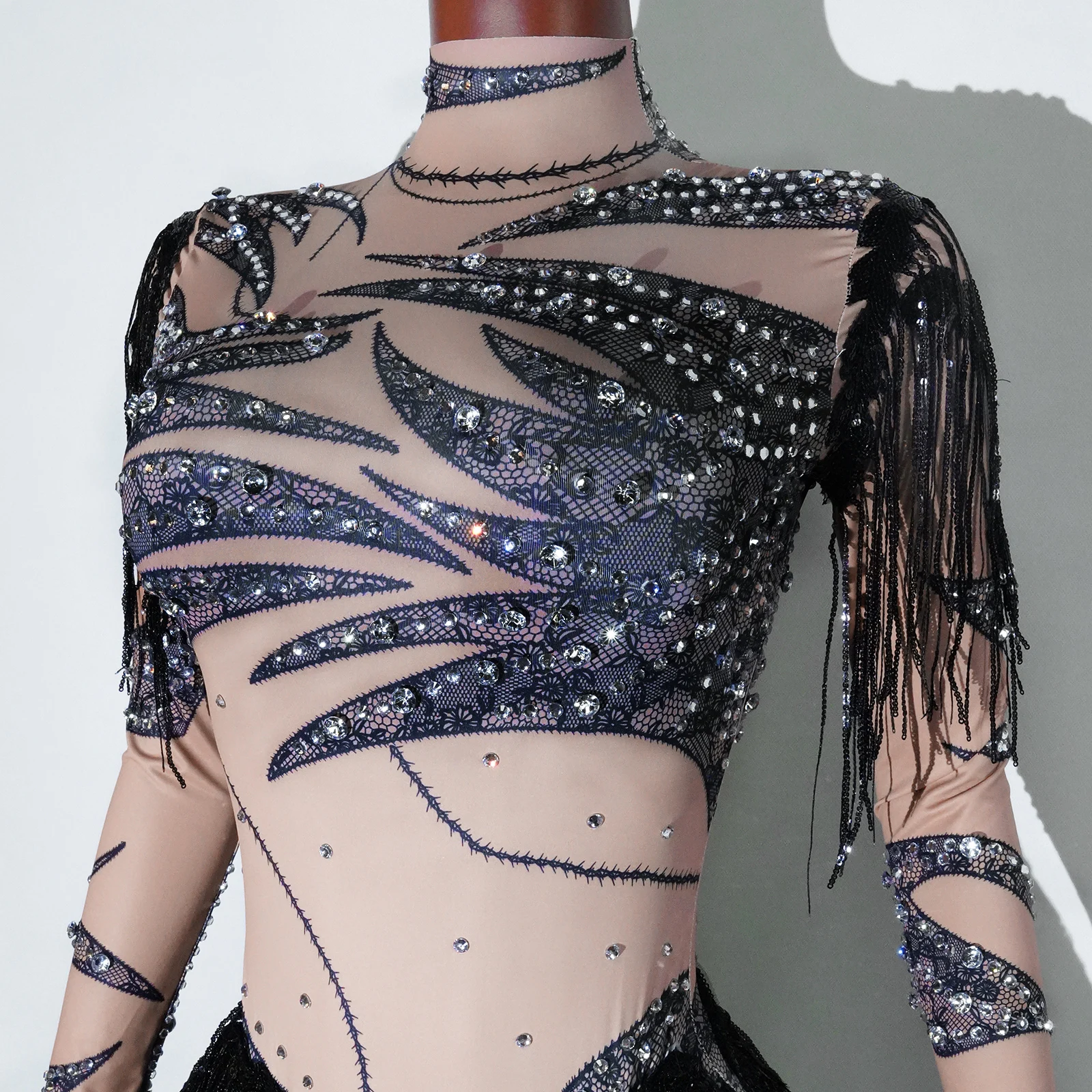 2025 Salsa Tango Bodysuit Women Contour Fit Rhinestone Fringe Competition Ready Dance Costume Pro Performance Wear