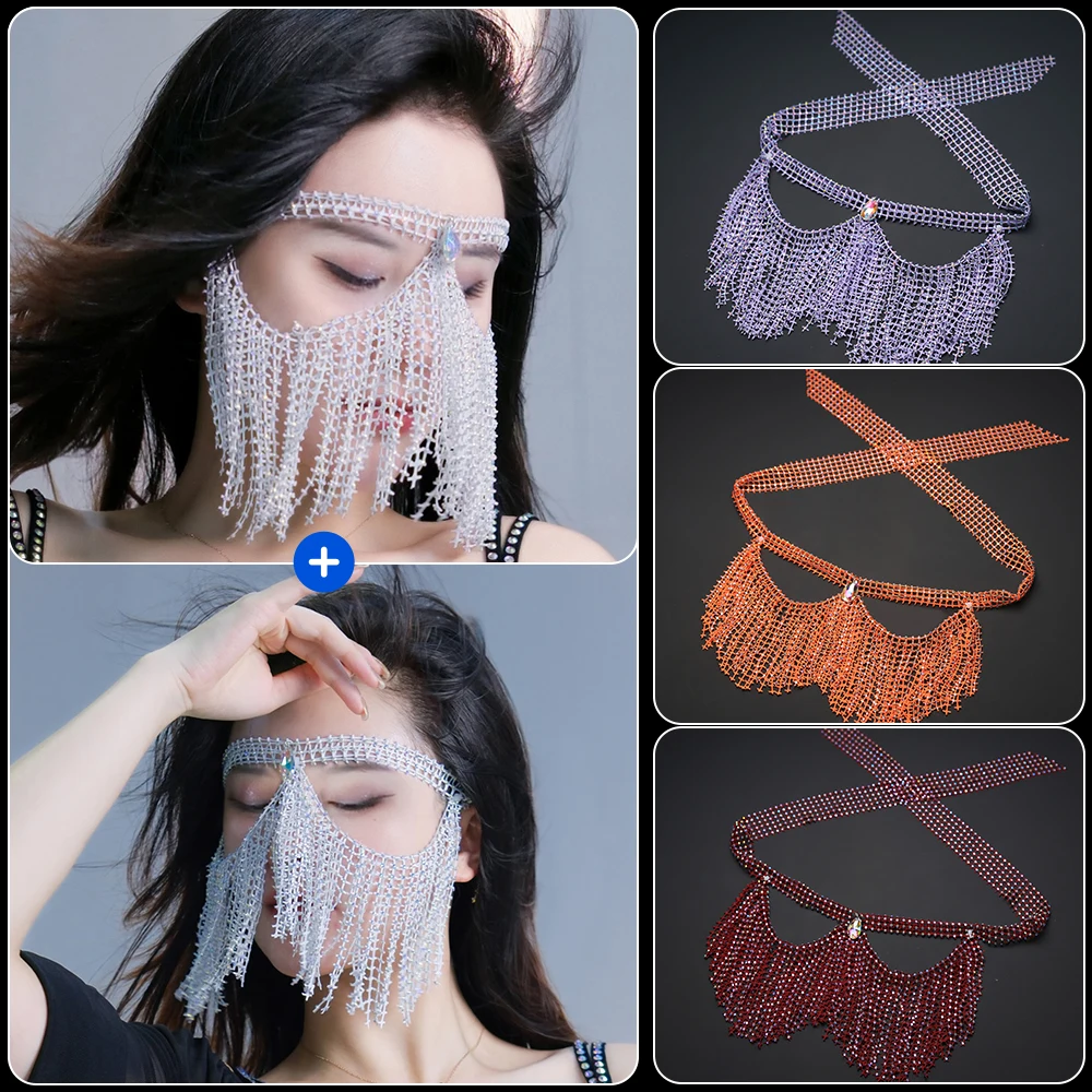 Exotic Cos Western Style Belly Dance Veil Fine Flash Hot Diamond Yashmak Performance Ancient Hanfu Face Covering for Women