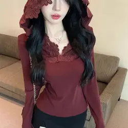 Pure Desire Sexy Hook Flower French Hooded Lace Lace Top for Women Simple and Versatile Slim Fit Spicy Girl T-shirt