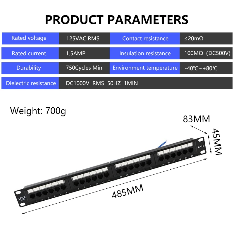 CNKL-Suporte de Rede, Patch Panel, UTP, CAT6, RJ45, 19 ", Montagem em Rack, 24 Portas