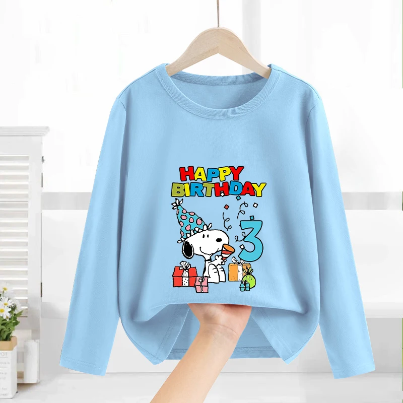 سنوبي الأطفال تي شيرت حفلة عيد ميلاد جولة الرقبة طويلة الأكمام الخريف أزياء الكرتون أنيمي قميص مطبوع الأطفال هدية عيد ميلاد #3