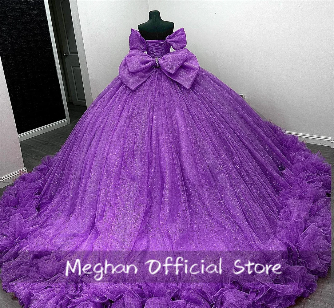 Vestido Quinceanera fora do ombro, Vestido de baile roxo lavanda do México, Talão Ruffles Bow, Vestidos de festa de aniversário