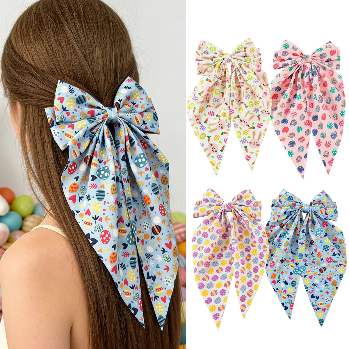 

Hot Selling Easter Hair Clip Bunny Egg Pattern Bow Spring Claw Long Ribbon Back of Head Ponytail Holder for Women