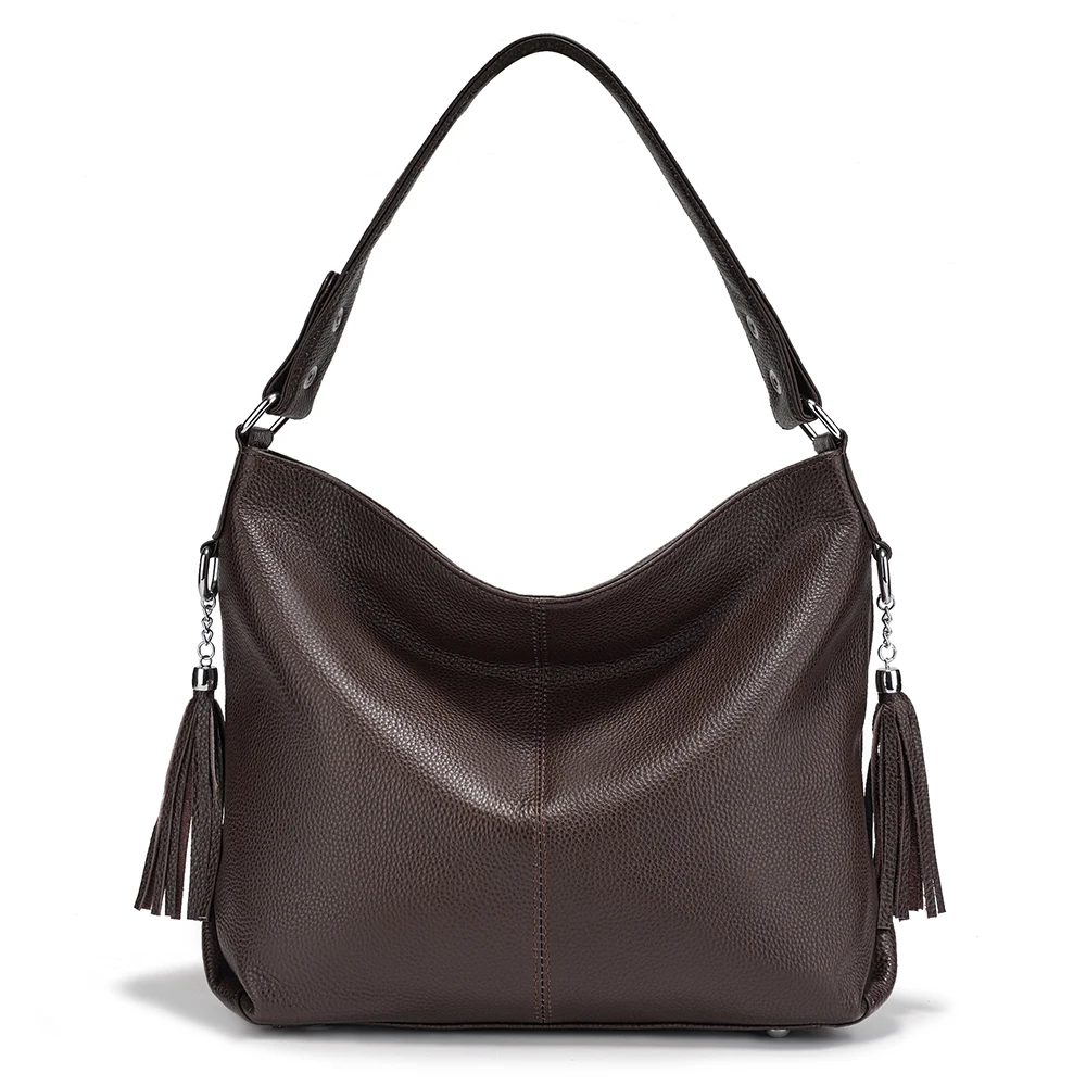 Zency Fashion Soft Coffee Genuine Leather Women's Handbag with Tassel Ladies Shoulder Elegant Large Capacity Hobo Bag Satchel