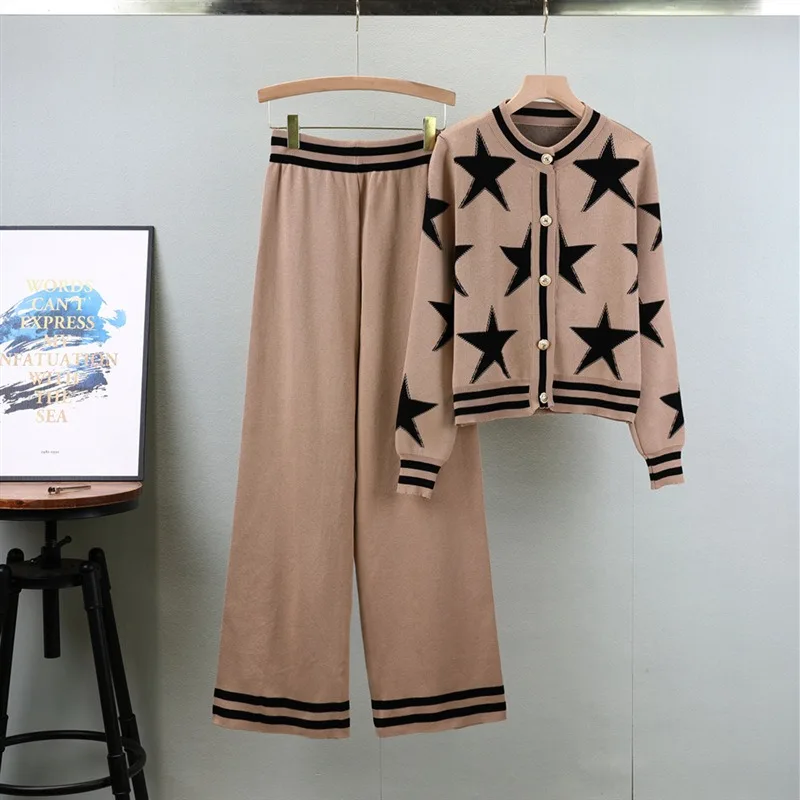 

Women's Autumn Winter Sets Tops Sweaters Wide-legged Pants Cardigans Knit Long Sleeve Pentagram Vintage Comfortable Casual Niche
