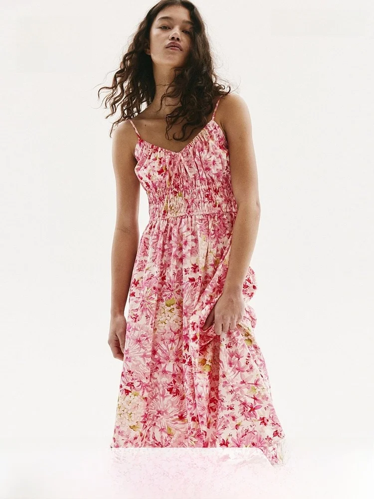 

H&M Women's Off-oulder Floral Print Maxi Dr Cotton Svel V-Ne A-Line Skirt Mid-Length Summer Season Faion