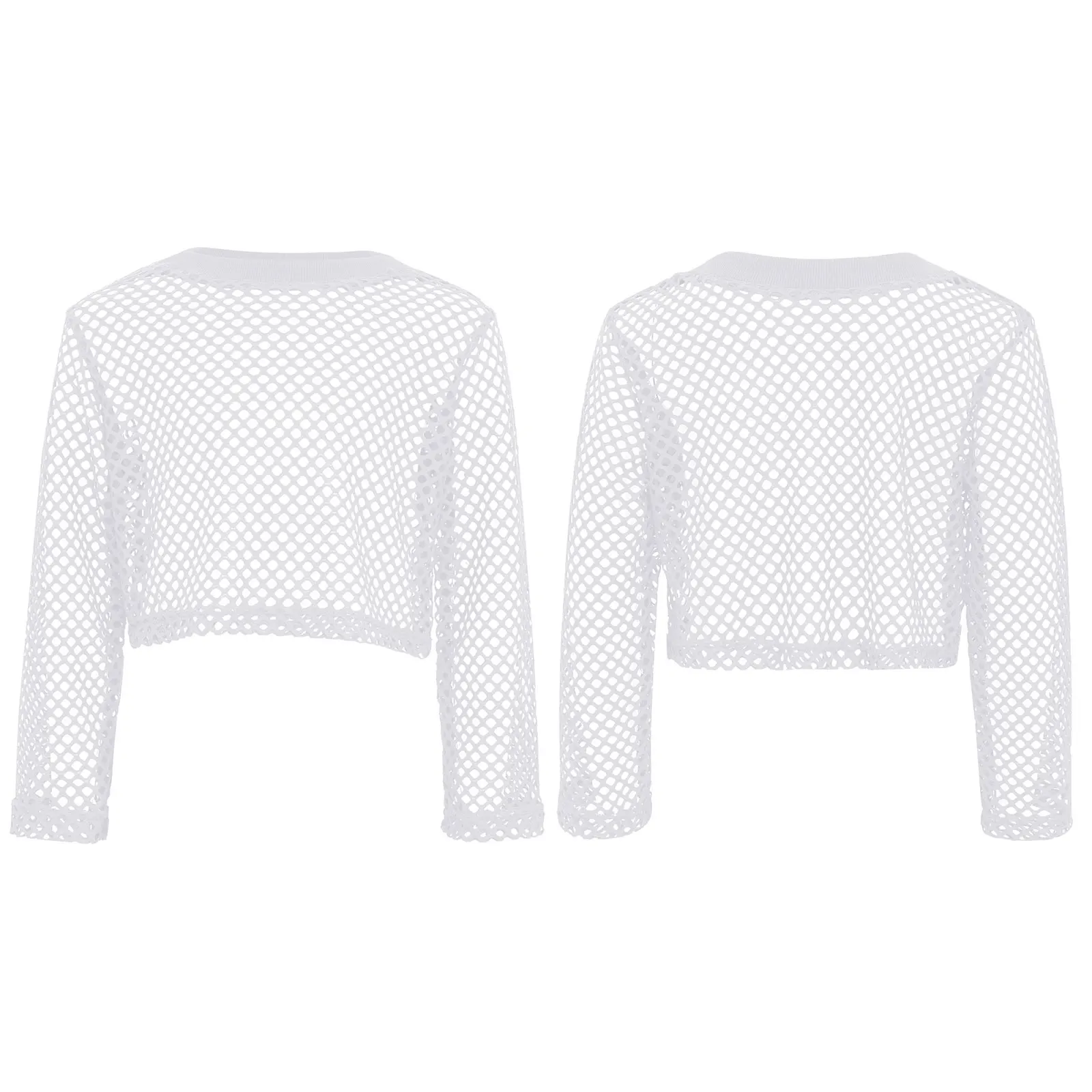 Kids Girls Fishnet T-Shirt Hip-Hop Sportswear Round Ribbed Neck Children Hollow Out Tshirts Long Sleeve Street Dance Crop Top