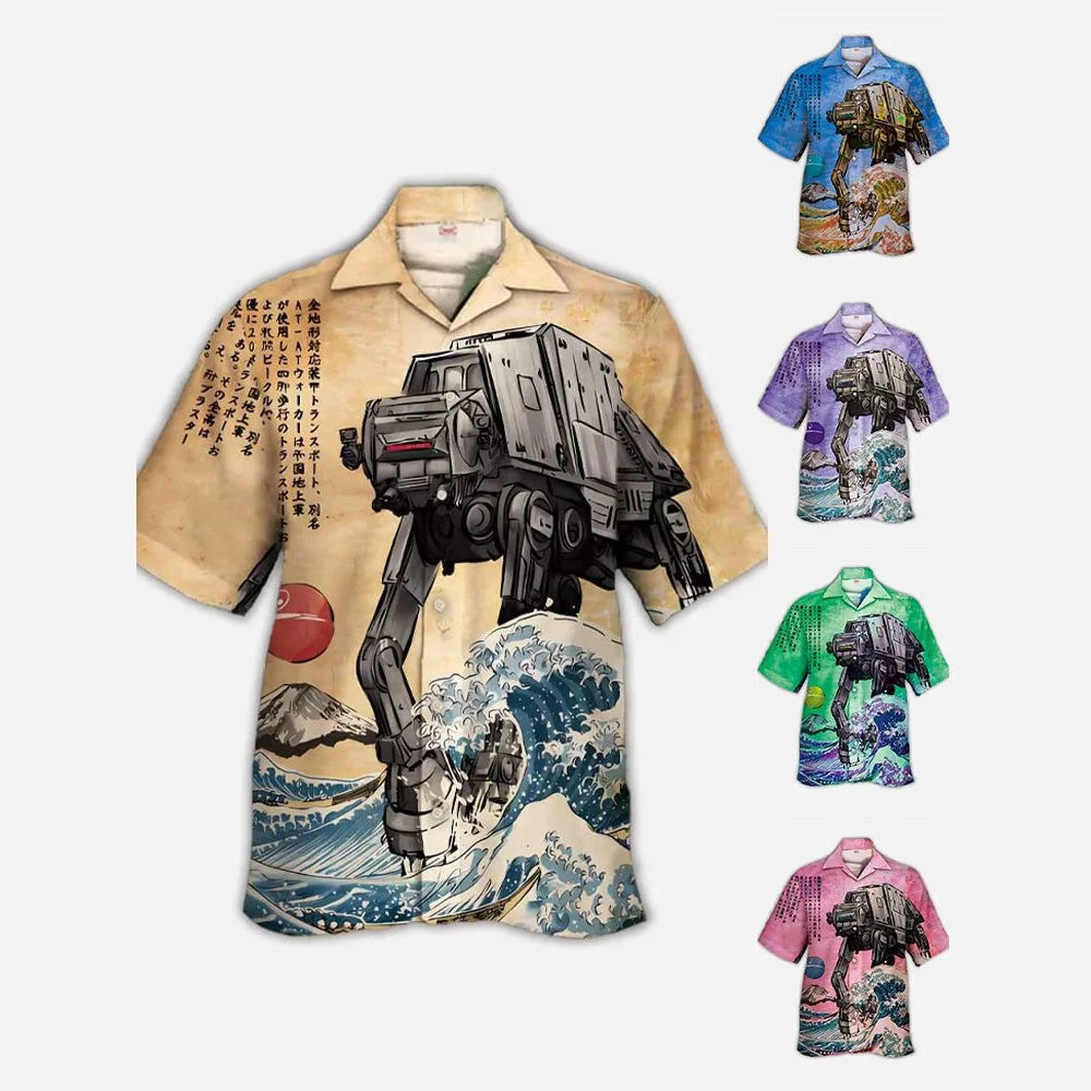 

Men's Shirt Eye-Catching Ukiyo-e Giant Armored Walker With Ocean Waves 3D Printed Cuban Collar Hawaiian Short Sleeve Shirts Tops