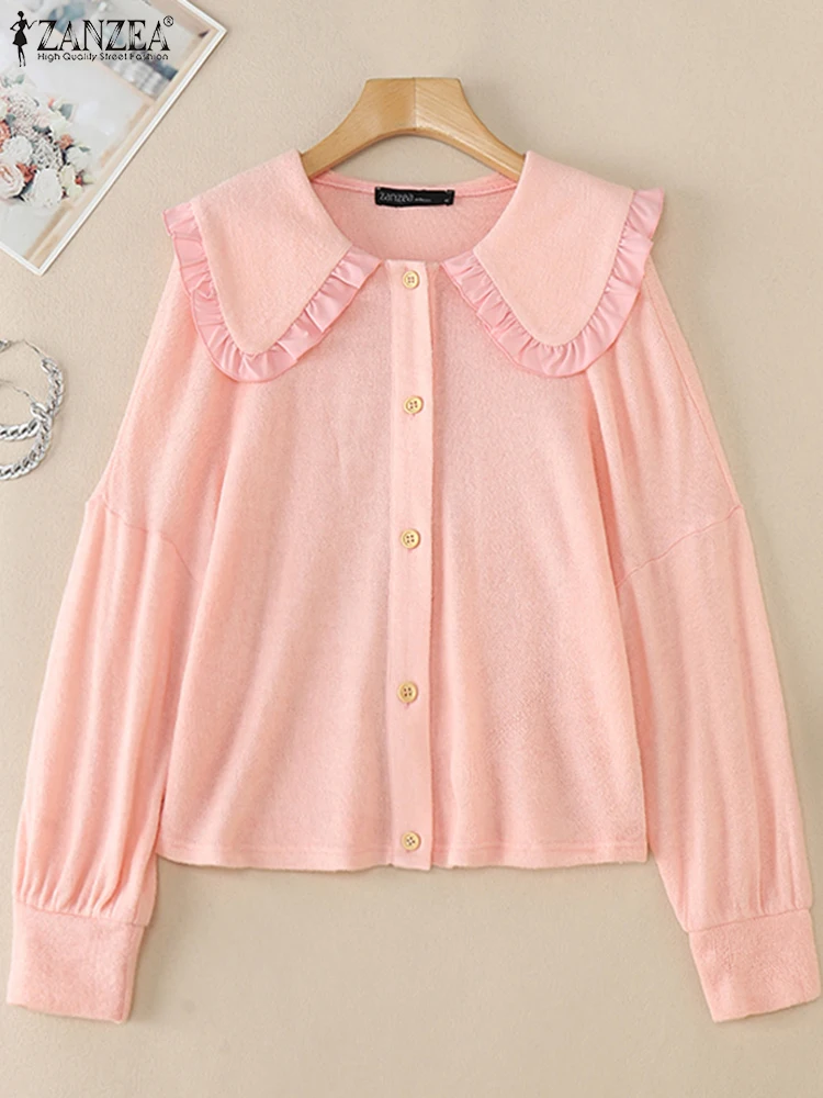ZANZEA Elegant Women's Knitted Cardigans Sweety Peter-Pan Collar Long Sleeve Button Up Sweaters Ruffle Trim Korean Fashion Tops