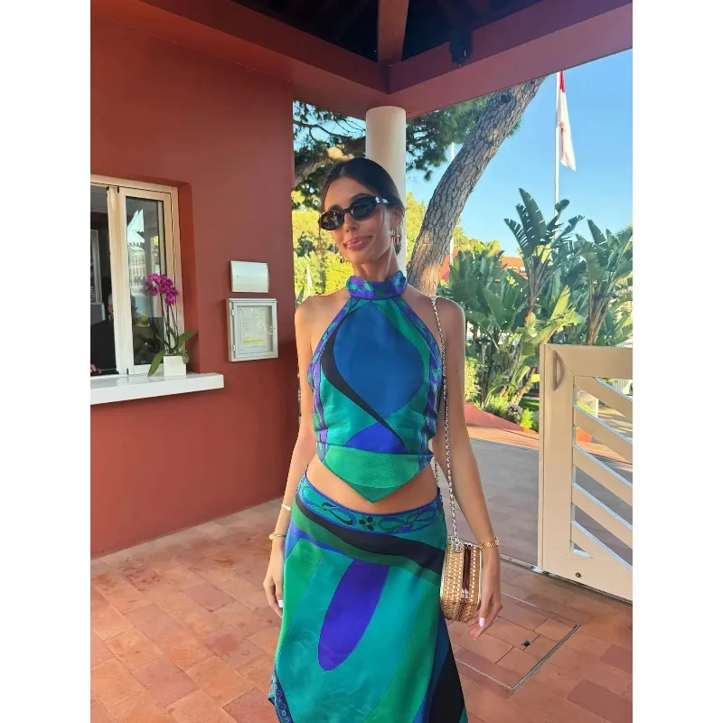 

Женская юбка из двух предметов с принтом, новое сексуальное пляжное платье с лямкой на шее, бюстгальтер с высокой талией, длинная юбка трапециевидной формы, костюм для летних каникул, повседневный комплект на море