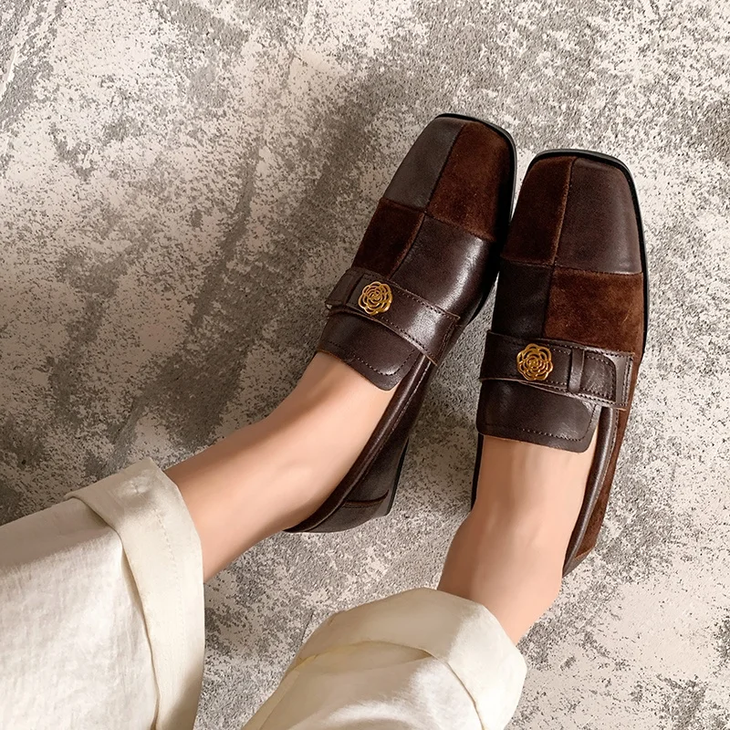 2025 الربيع المتسكعون النساء حذاء مسطح الانزلاق على الشقق جلد طبيعي الأحذية الرجعية السيدات المرقعة الأحذية اليدوية خمر الشقق #4