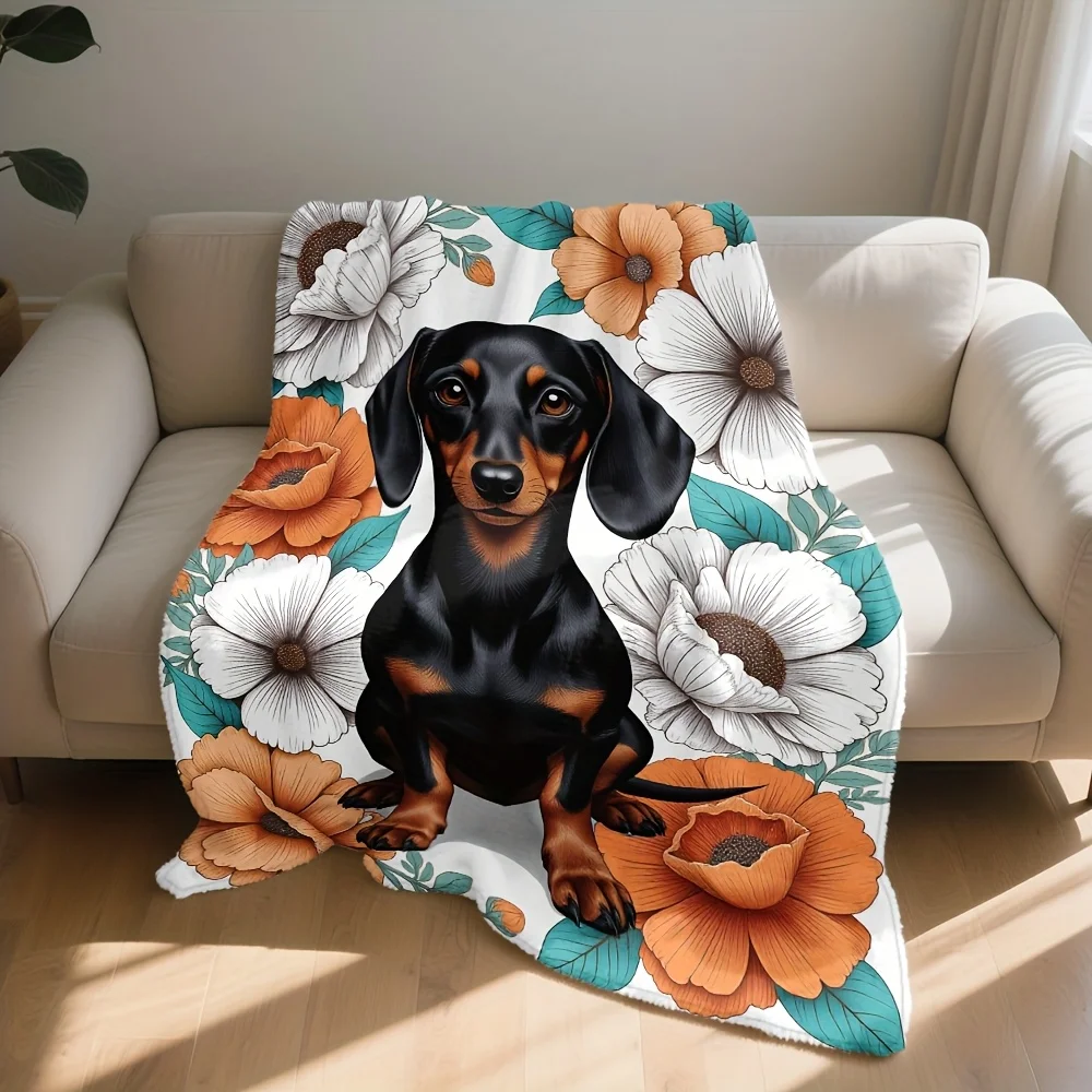 Aesthetic Dachshund Dog Floral Print Throw Blanket Cozy Chunky Botanical Sofa Cover 150x200cm Pet Gift Decor
