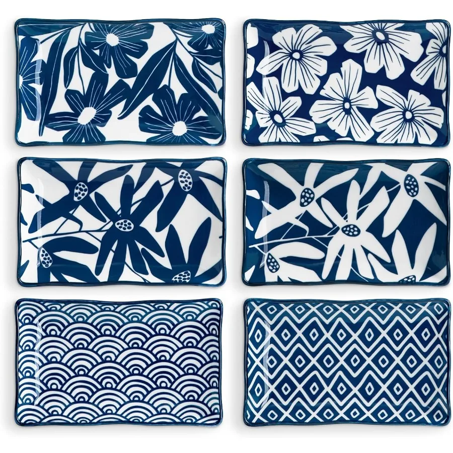 

Набор прямоугольных сервировочных тарелок из 6 7,5-дюймовых керамических сине-белых тарелок для закусок для столовой, кухни, пикника и шведского стола