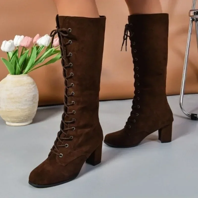 Comemore Shoes for Women Classic Style Cross-laced Winter Women\'s Boots Casual Fashion Thick Heel Brown Long Boots Zapatos Mujer