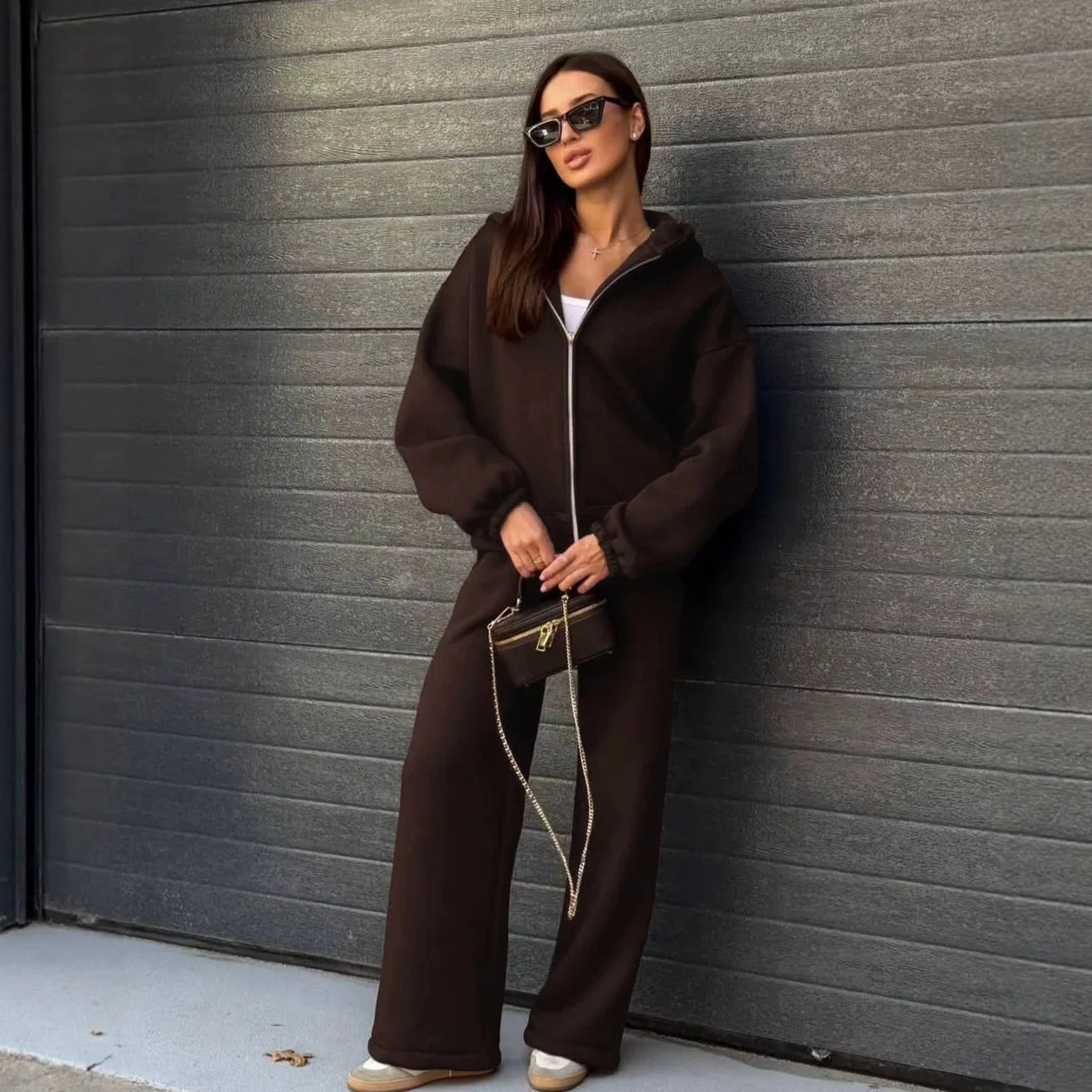 Women Fashion Solid Fleece 2 Piece Set Zipper Long Sleeve Hooded Jackets Top + Drawstring Loose Straight Sweatpants Tracksuits