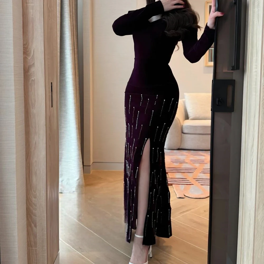 

Customized A-line Evening Dresses Ankle-length Off The Shoulder Full Sleeve Prom Gown Fashion Crystal Simple Draped Party Gown