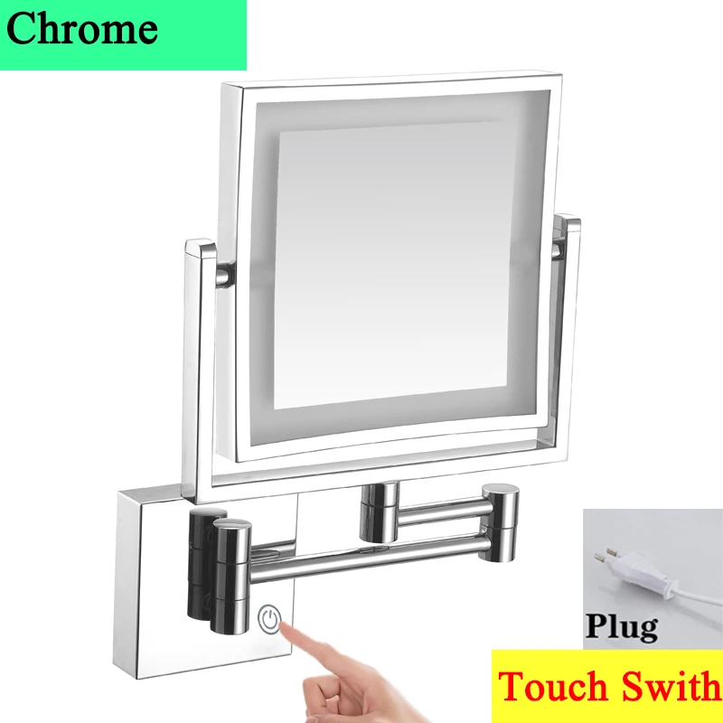 Square Touch Led opvouwbare badkamerspiegel 3x vergrotende badkamer make-upspiegels Accessoires Wandmontage Touch on badspiegels