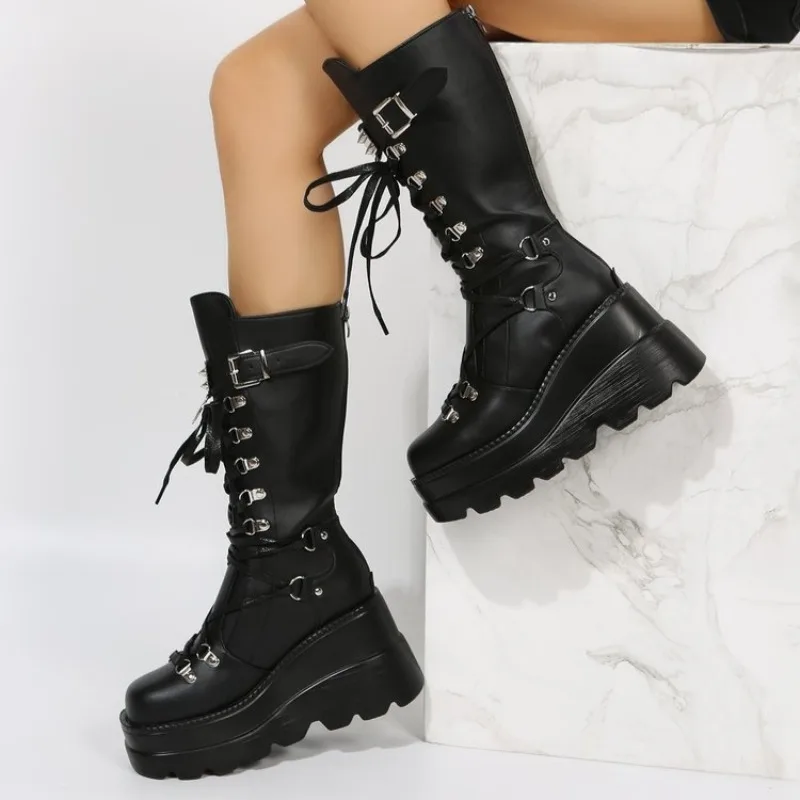 Women Mid Calf Boots Padded Shoes Knee High Winter Boots Women Punk Style Military Casual Comfortable Retro Platform Woman Shoes