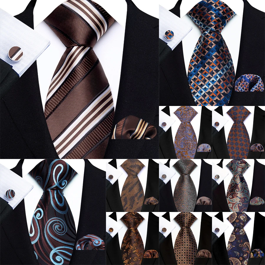 Herren Krawatten Taschentuch Manschettenknöpfe Set Smoking Zubehör Luxus Braun Streifen Dot Floral Krawatten Für Party Abendessen Hochzeit