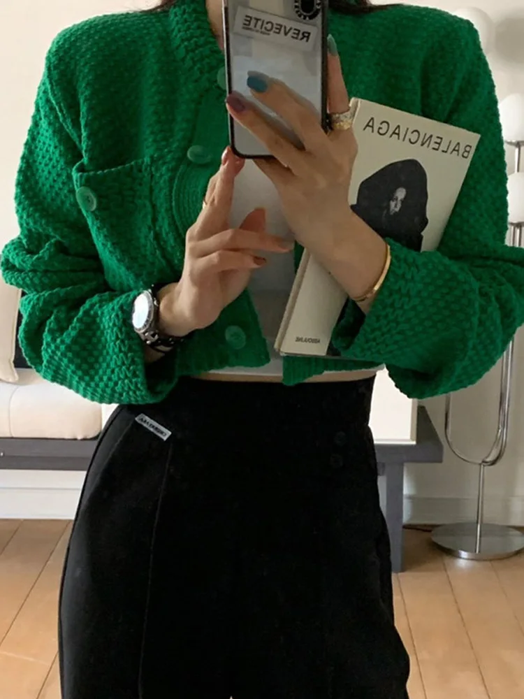 موضة جديدة محبوك قصيرة Caridgan النساء البلوزات طويلة الأكمام واحدة الصدر سترة معطف س الرقبة الخريف الشتاء محبوك القمم #5