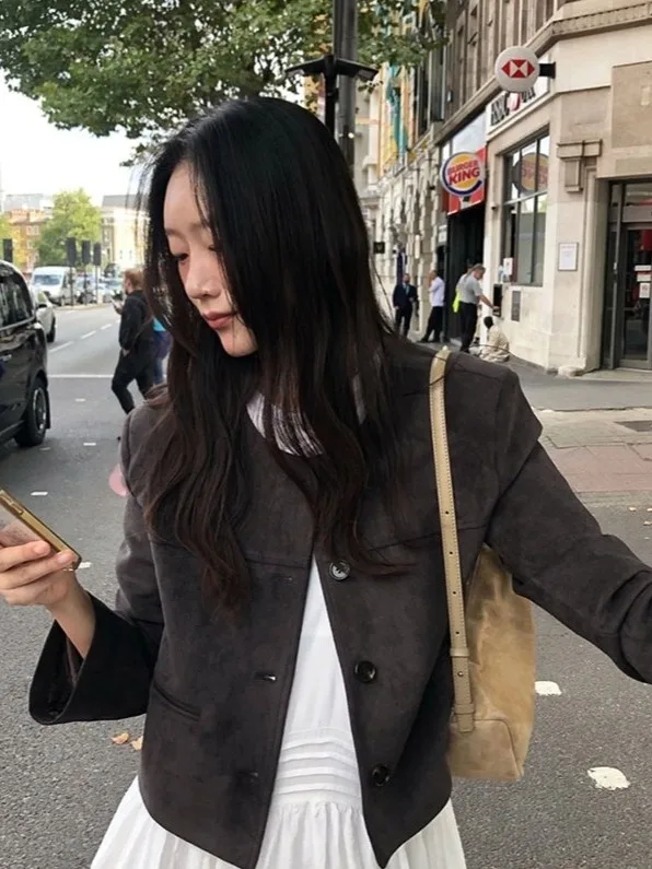 Koreaanse Sle ort Suede Jaet dames chique zeemeerminjas met enkele knop, trendy losse pasvorm, normaal dun dagelijks gebruik