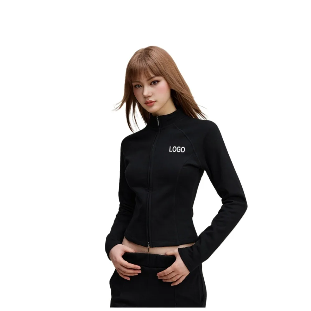 سترة تيسكو بقصة ضيقة، سترة بسحاب جذابة وأكمام طويلة، سترة قصيرة الطول، بكتف مستقيم للنساء