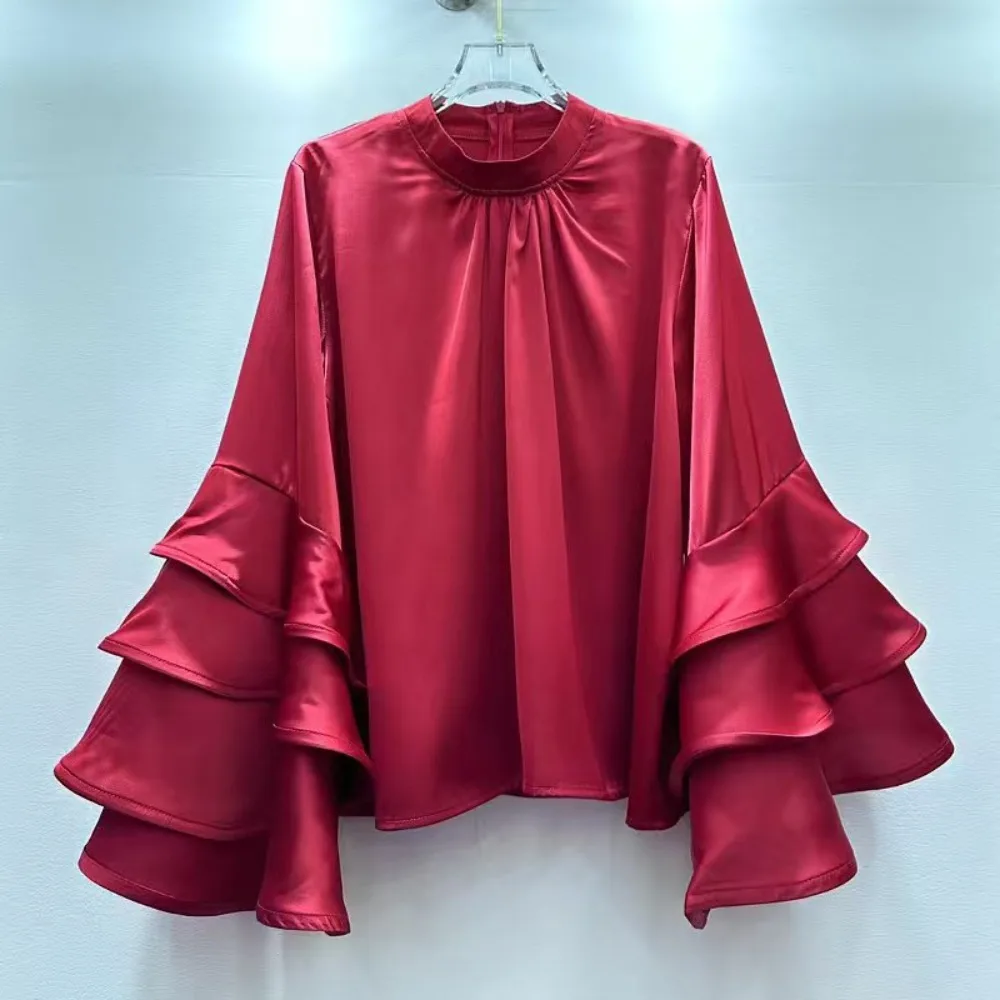 

Женская повседневная офисная блузка с бантом спереди, длинными рукавами, прозрачными кружевными вставками, круглым вырезом и оборками в богемном стиле