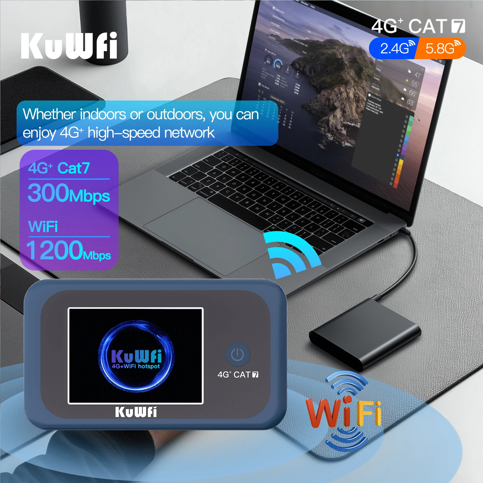 KuWFi CAT7 4G+ LTE Router 1200Mbps 2.4G 5G Single WiFi Portable Travel 4G Mobile Modem 3000mAh Battery 10 Users with USIM Slot