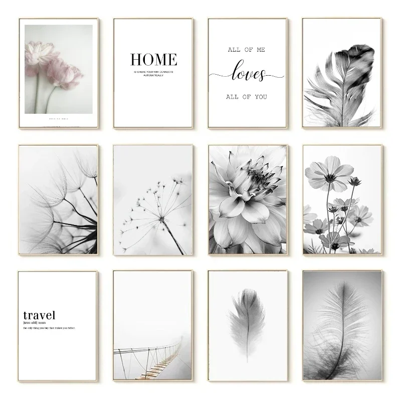 Scandinavian Minimalist Wall Art Black and White Flowers Feathers Dandelion Canvas Poster Prints Home Bedroom Living Room Dec