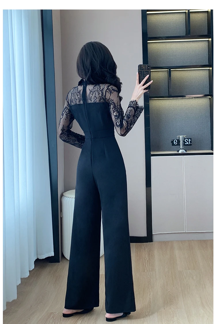 Elegant Slim Waist Long Sleeve Jumpsuit Women 2024 Spring Fashion Casual Pocket Wide Leg Pants Rompers Ladies Office Jumpsuits