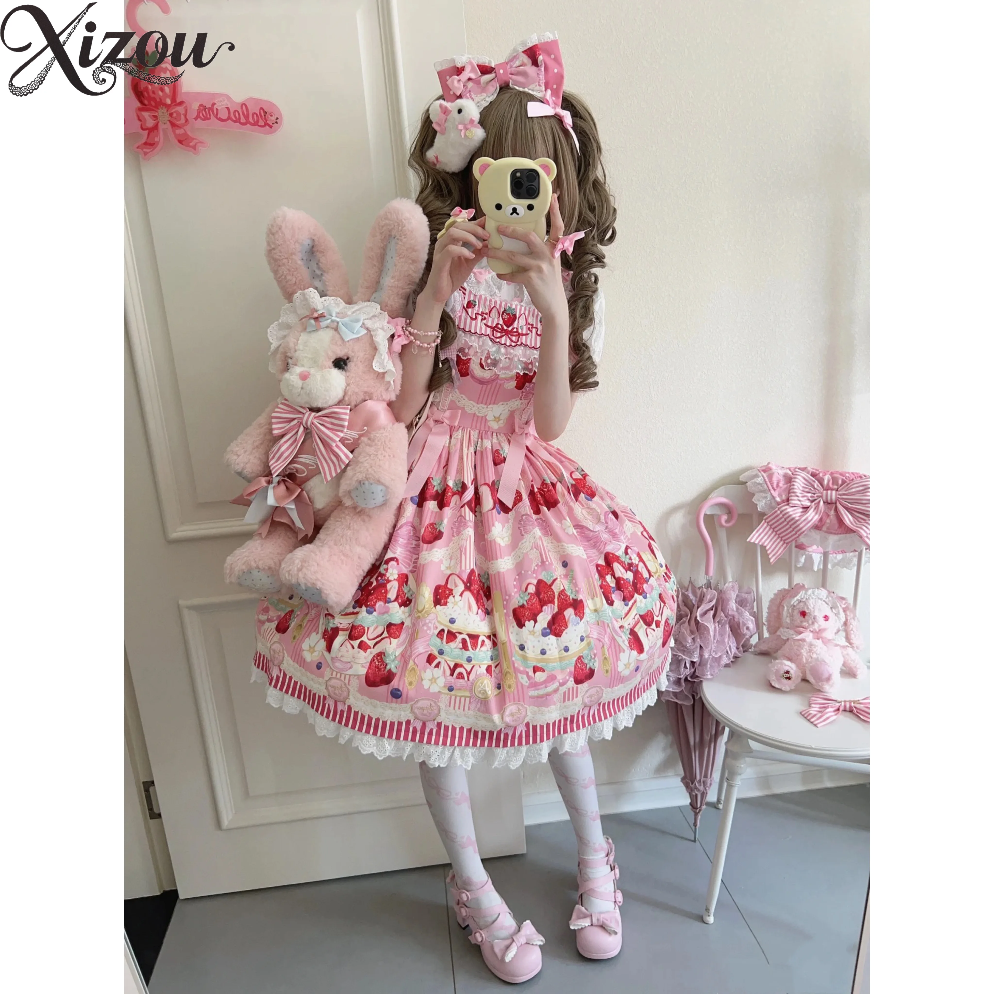 2-teiliges Set für Damen im Lolita-Stil, Sommer, niedlich, gestreift, Erdbeerrosa, JSK-Hosenträger, Prinzessin, kurzärmeliges Oberteil und Kleid-Set