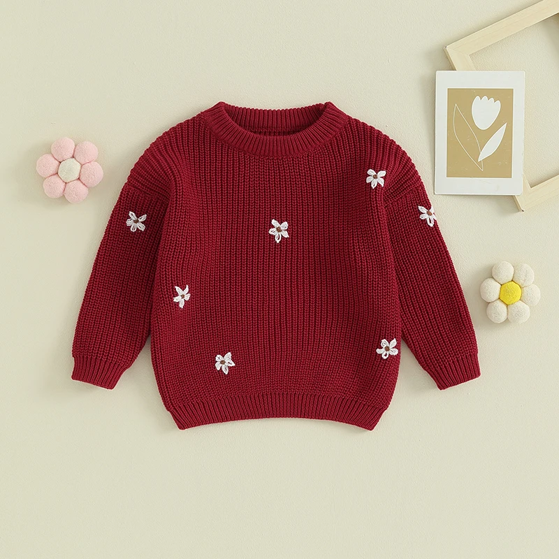 Toddler Baby Girl Boy Knit Sweater Cute Flower Embroidery Crewneck Pullover Long Sleeve Knit Infant Sweaters