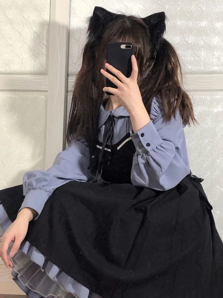 Lolita Zoete Meisjesjurk Kawaii Leuke Jarretel 2-delige Set Vrouwen Casual Shirt Jsk Japanse Outfits