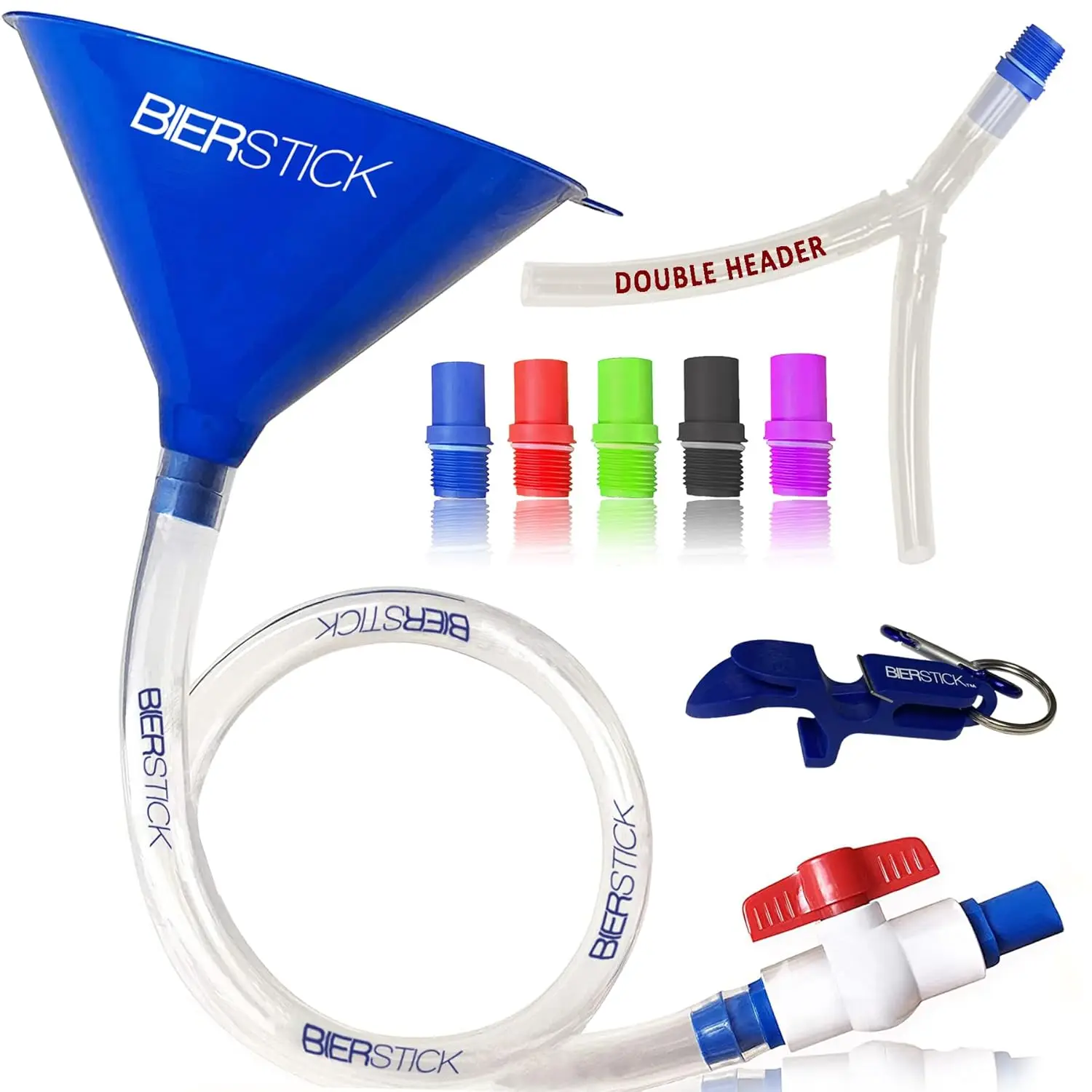 

Beer Bong Tube and Funnel with Valve, 5 Interchangeable Mouthpieces, Shotgun Keychain Tool for Party Drinking Games (Blue)