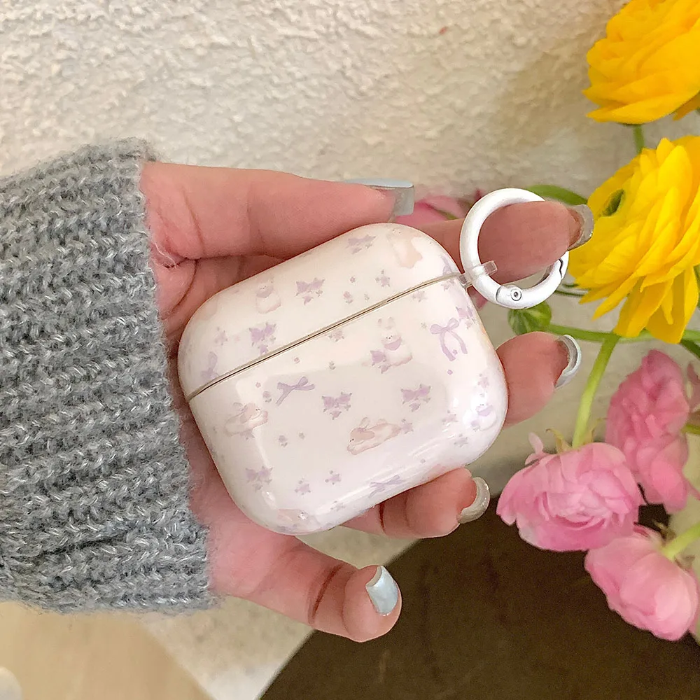كارتون جميل الأرجواني Bowknot أرنب نمط مع المفاتيح لينة سيليكون للصدمات واقية ل AirPods 1 2 3 4 برو 2