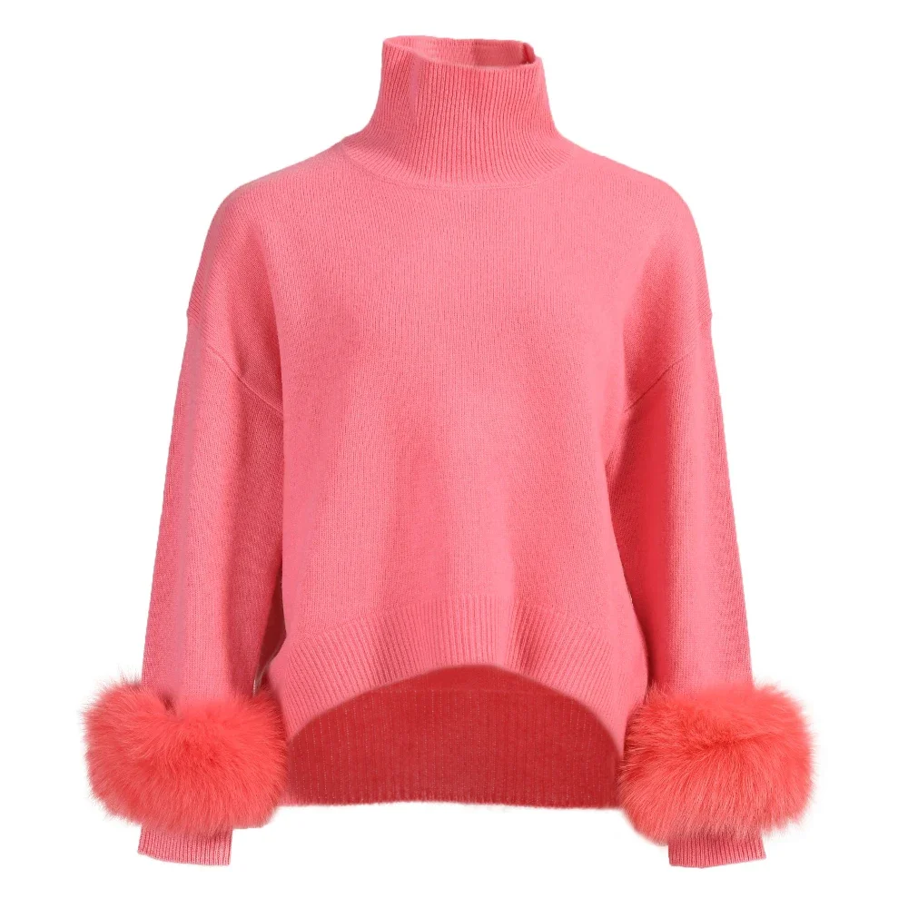 Custom Style Colorful Removable Fox Fur Cuff Turtleneck Pullover Wholesale Cashmere Knitted Sweater Woman