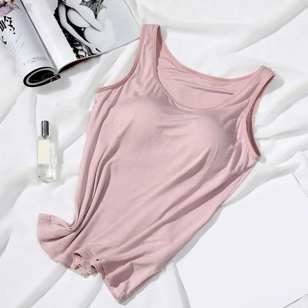 

Womens Sleeveless Bottoming Vest Wide Shoulder Straps Wire Free Women Solid Color Elastic Camisole with Bra Pads Streetwear