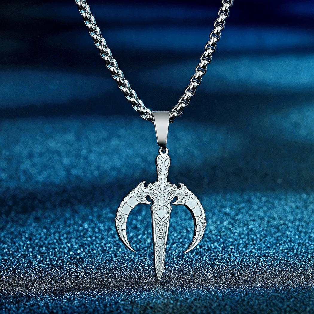 Stainless Steel Moon Dagger Biomechanical Necklace Dagger Medallion Viking Warrior Dagger Oxidized Pendant for Men and Women