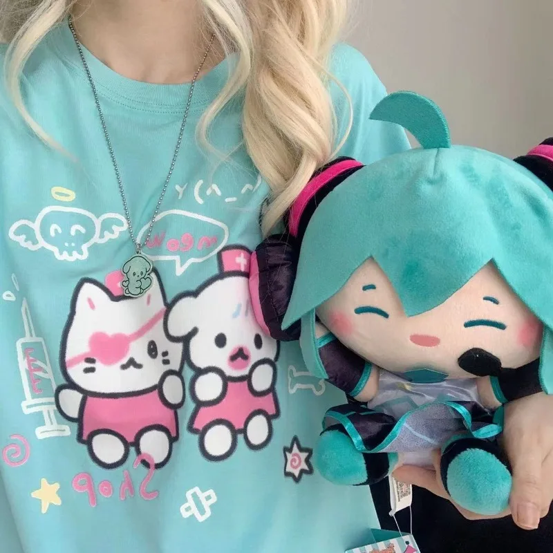 

Japanese Subculture Kawaii Cartoon Print T-shirt Summer New Dopamine Short-sleeved Tshirt Women's Loose Casual Top Cute Clothing