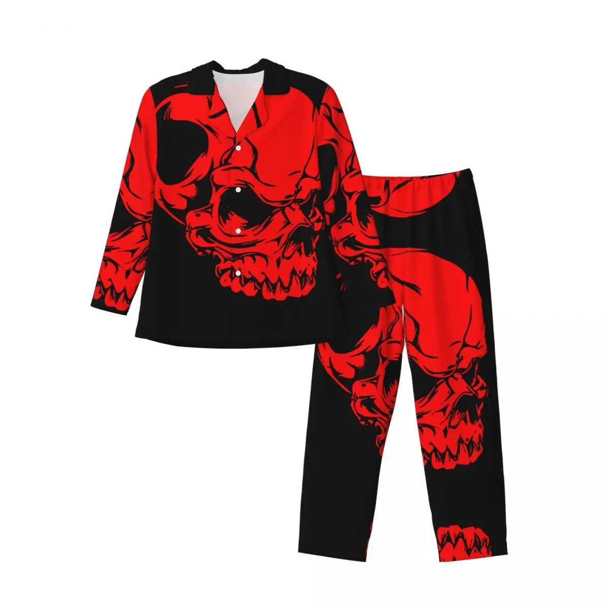 Conjunto de pijamas para hombre de otoño invierno de manga larga con calavera roja ropa de casa ropa de dormir 2 unids/set