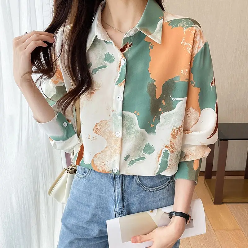 Fashion Elegant Spring Autumn New Chiffon Blouses Women\'s Polo-Neck Printed Tie Dye Loose Chic Long Sleeve Single-breasted Shirt