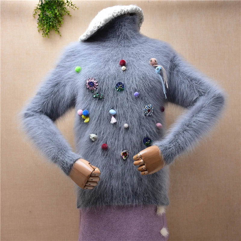 ladies women fashion hairy yarn balls beading mink cashmere knitted turtleneck slim blouses pullover angora fur sweater pull top