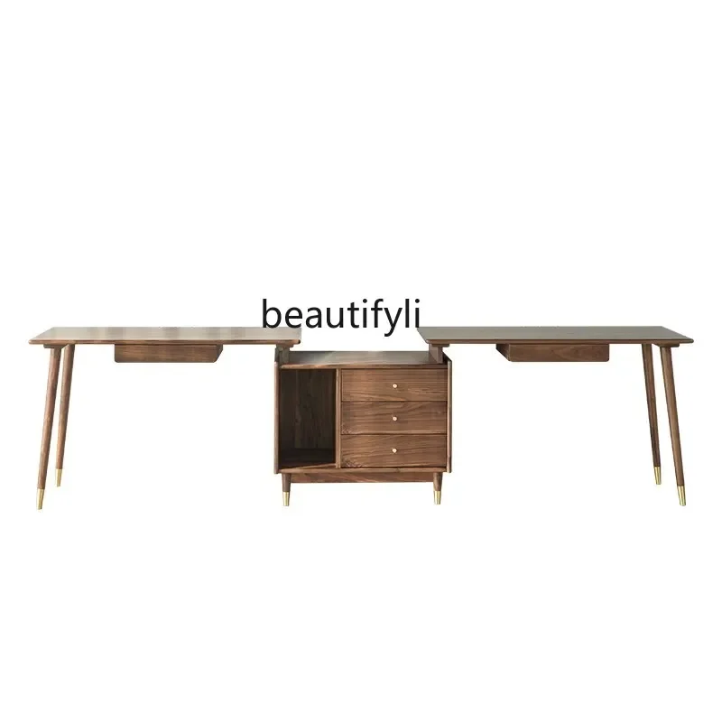 

Nordic black walnut solid wood double against the wall computer bookcase integrated retractable writing desk