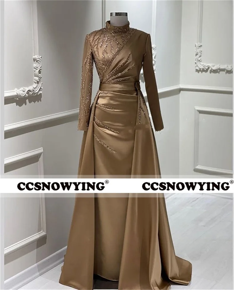 

Champagne Satin Appliques Muslim Evening Dresses Full Sleeve Hijab Islamic Formal Party Gown Women Arabic Kaftan Robes De Soirée