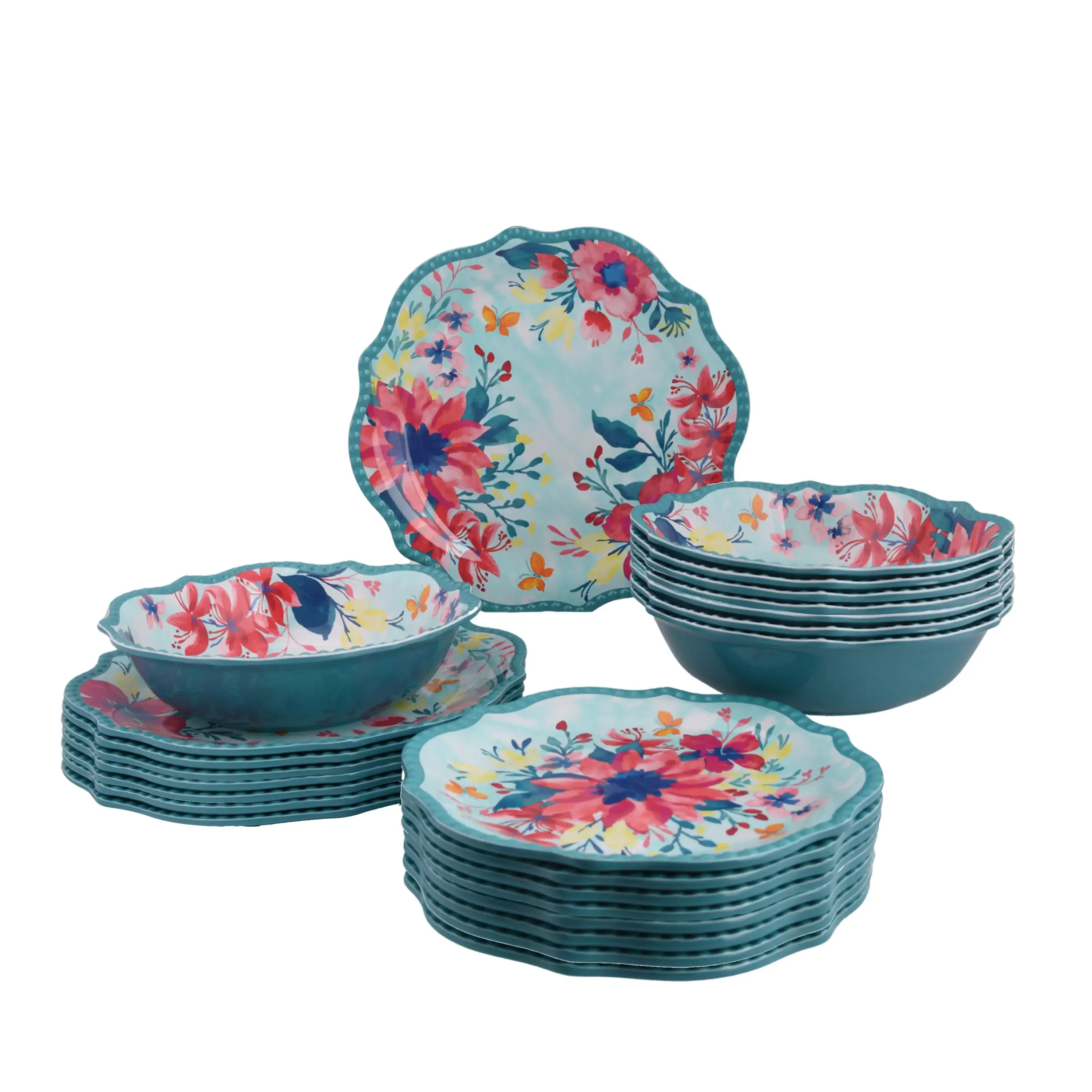 

%a 24-Piece Fresh Floral Melamine Dinnerware Set Ruffled Edges Give A Vintage Look Made of Durable Melamine