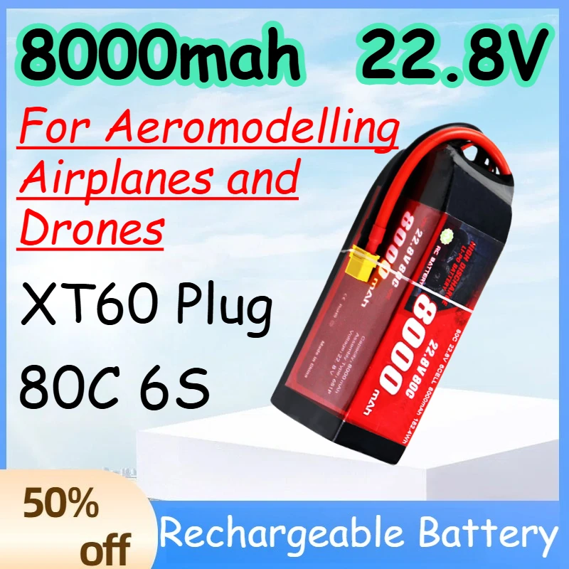 

8000mah 6S 22.8V 80C Replace Rechargeable Lipo Battery for Aeromodelling Airplanes and Drones Battery with XT60 Plug