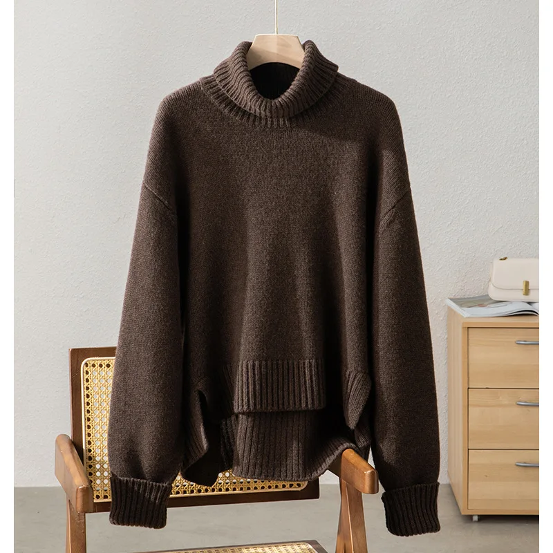 

Pure Wool Oversize Turtleneck Sweater Women Winter Warm Chunky Knit Jumper Brown