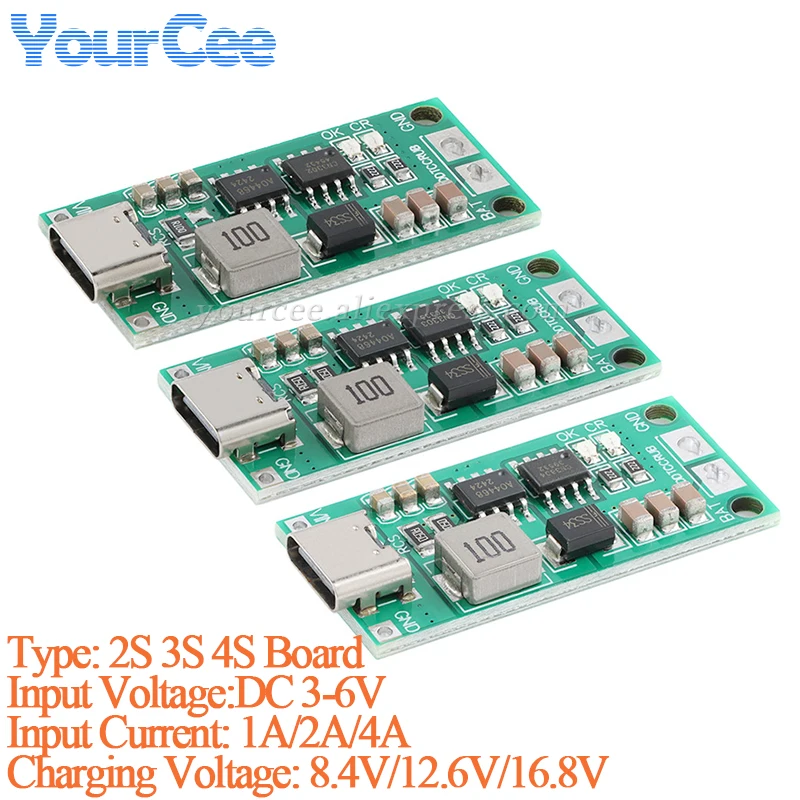 2pcs/lot 2S 3S 4S Cells LiPo Polymer Li-Ion Charger Board Module 1Mhz 8.4V 12.6V 16.8V Step-Up Boost Lithium Battery Type-C To